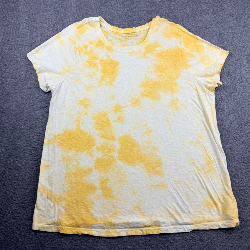 Lucky Brand Women's Plus 1X Yellow Tie Dye Cotton Slub T-Shirt Short Sleeve